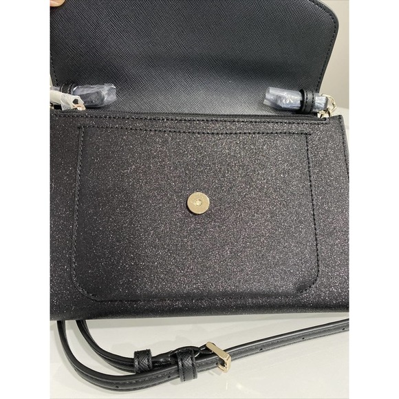 Kate Spade Tinsel Flap Crossbody Black Glitter Interior Credit Card Slots NWT - Picture 7 of 10